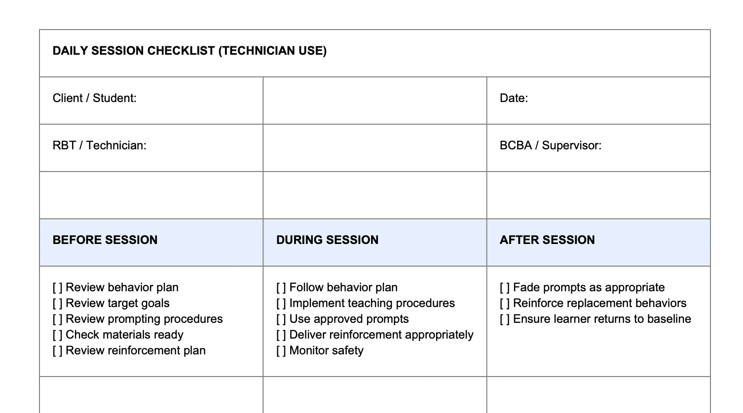 Daily Session Checklist